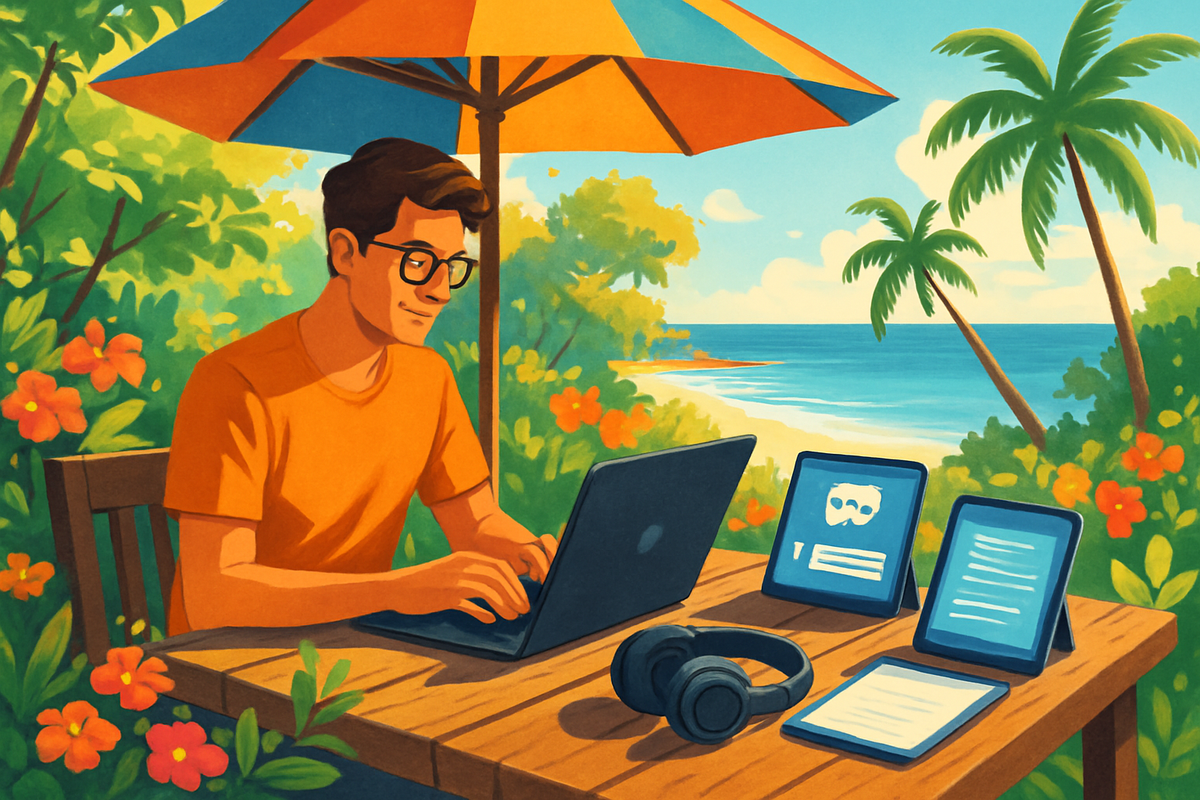 A young man works on a laptop at an outdoor table surrounded by tropical plants and a beach view, with headphones and tablets nearby.