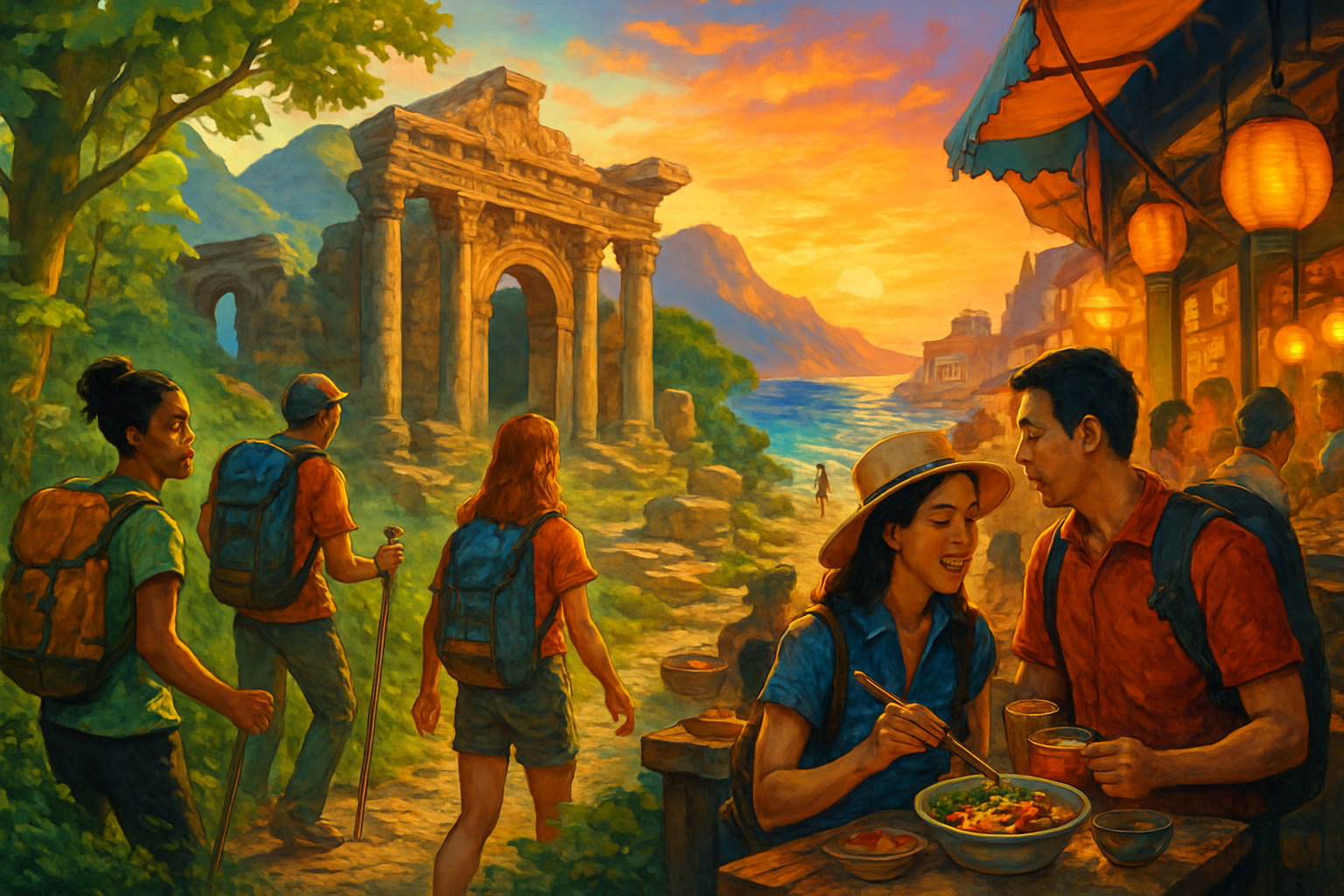 The image depicts a group of hikers near ancient ruins, with one couple enjoying a meal at a vibrant seaside market during sunset.