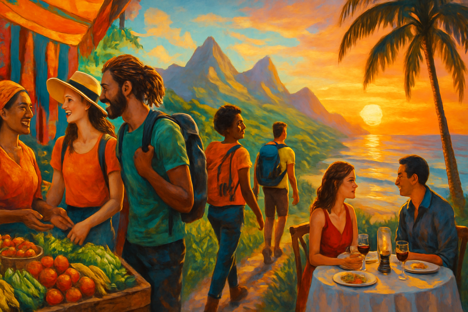 The image depicts a vibrant sunset scene with people enjoying a market and dining by the ocean, framed by mountains and palm trees.