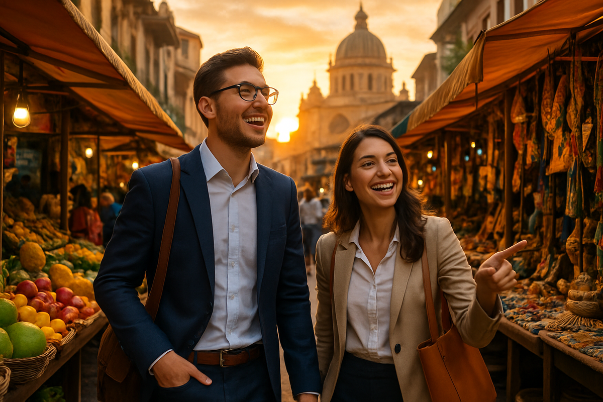 A couple is joyfully walking through a market at sunset, surrounded by colorful stalls filled with fruits and goods.