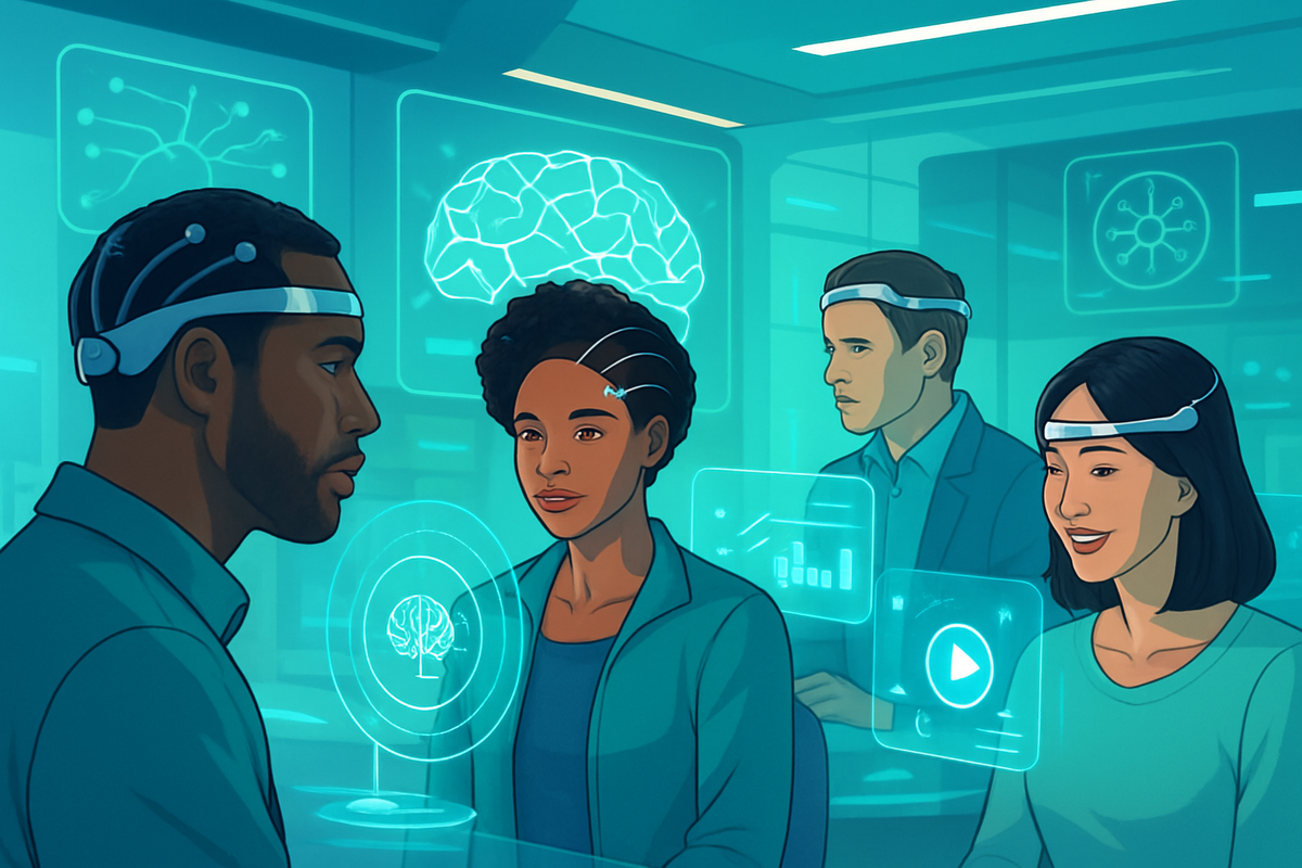 The image depicts four individuals wearing headsets in a high-tech setting, engaged in a discussion while surrounded by digital displays showcasing brain and data visualizations.