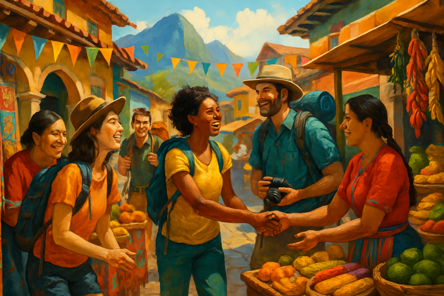 The image depicts a vibrant marketplace scene with diverse individuals joyfully interacting among colorful stalls filled with fruits and vegetables.