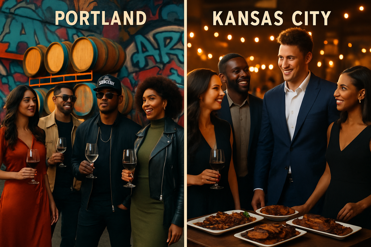 The image contrasts two social scenes: one in Portland with friends enjoying wine and urban art, and another in Kansas City featuring a gathering around food in a warm, cozy setting.