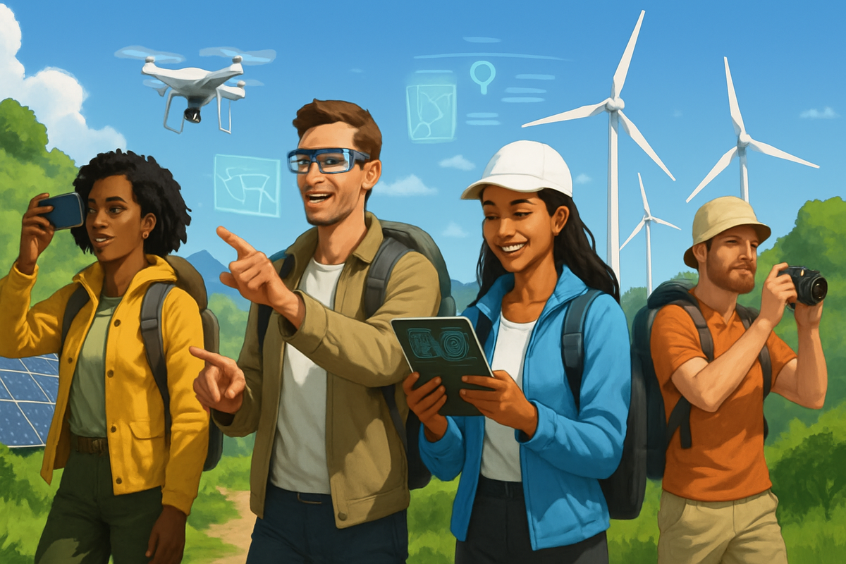 A group of diverse individuals is enjoying outdoor activities, engaged with technology like drones and smart devices, surrounded by nature and wind turbines.
