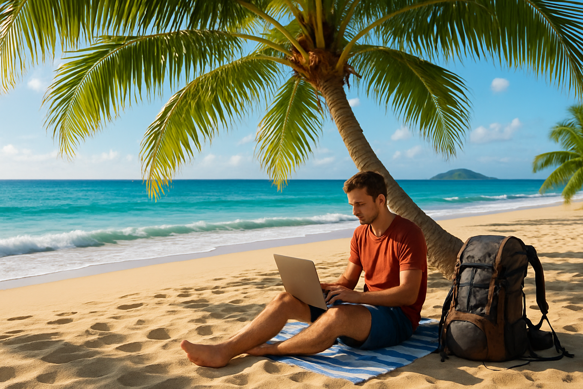 A man sits on the beach under a palm tree, working on a laptop with a backpack nearby.