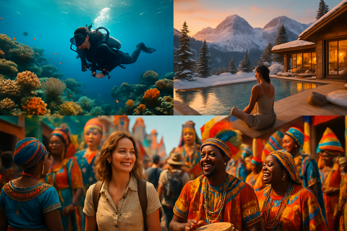 The image features diverse scenes of underwater exploration, a serene snowy mountain retreat, and a vibrant cultural celebration with smiling individuals.