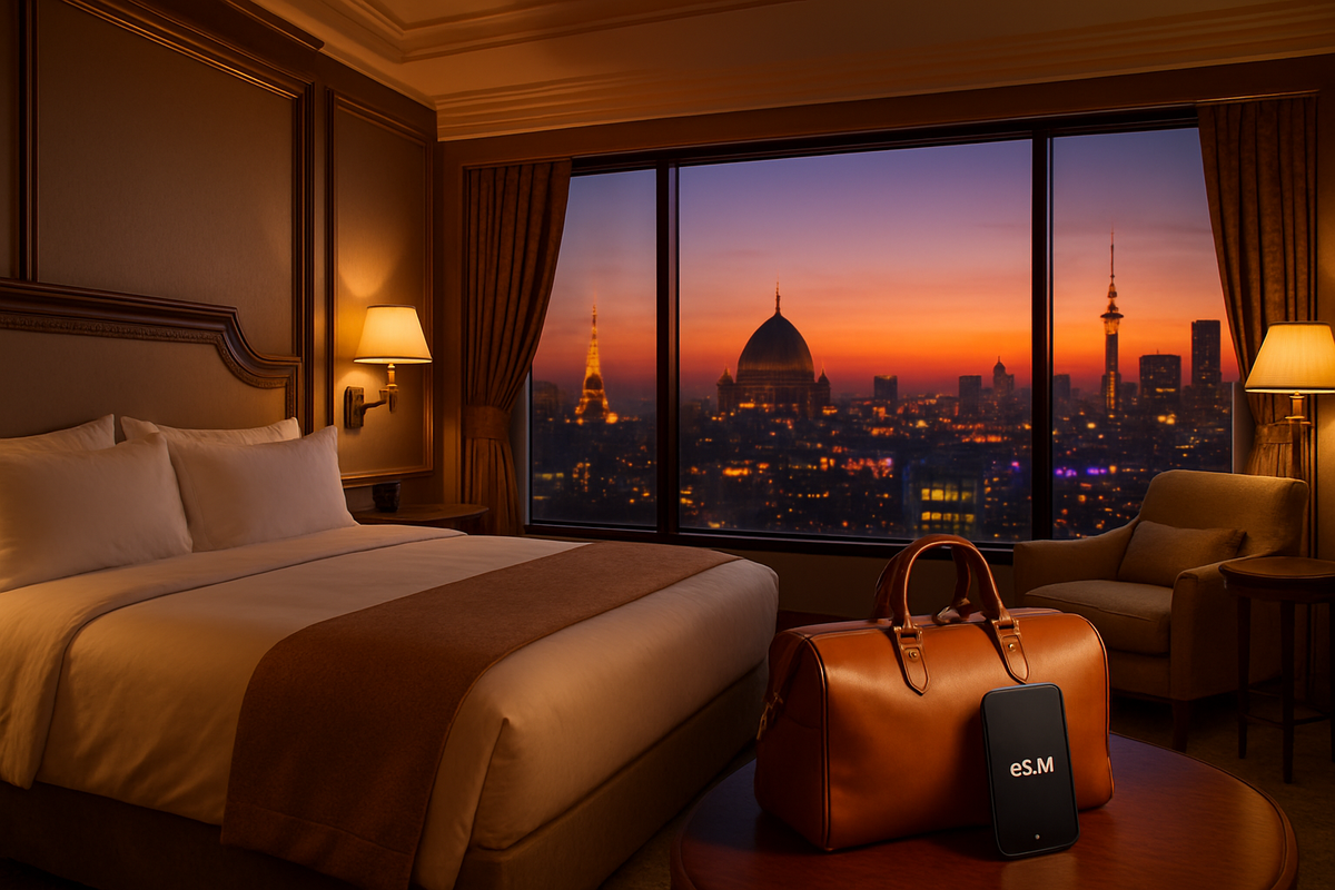 The image depicts a luxurious hotel room with a stunning city skyline at sunset visible through large windows, featuring elegant furnishings and a leather bag on a table.
