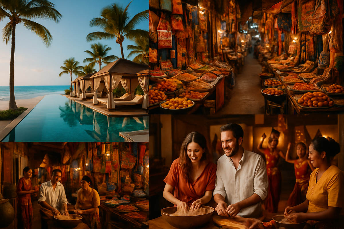 The image features a serene poolside view, a vibrant market scene filled with colorful goods, and people engaged in cooking activities, capturing a blend of relaxation and cultural immersion.