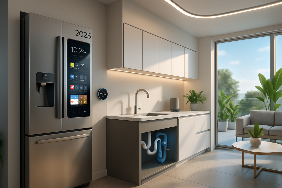The image showcases a modern kitchen with a sleek refrigerator featuring a digital display, a minimalist countertop, and large windows allowing natural light to illuminate the space.