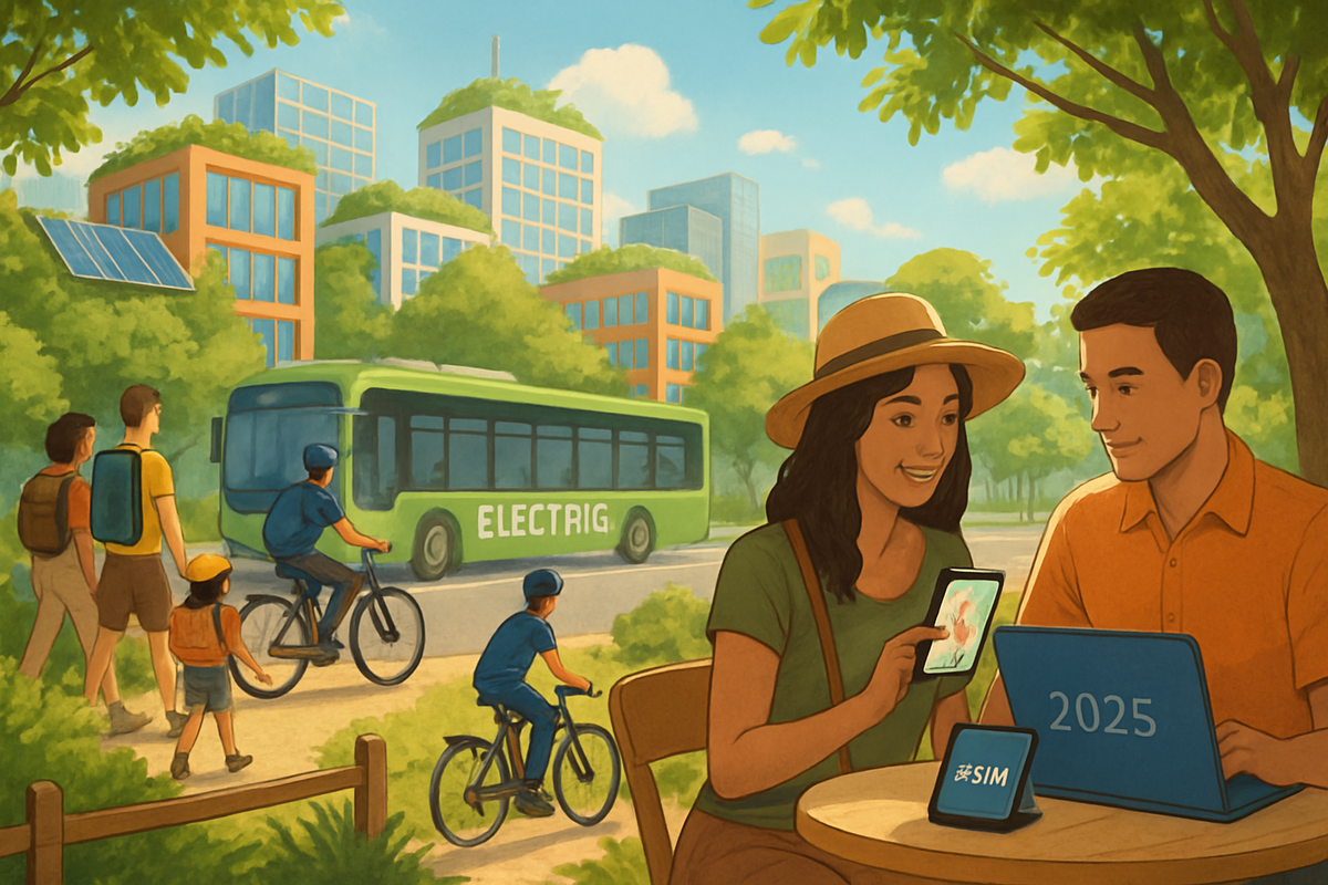 The image depicts a vibrant urban scene with people engaging in various activities, a green electric bus in the background, and a couple at a table using electronic devices.