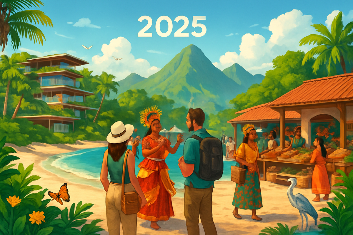 The image depicts a vibrant tropical scene with people interacting in front of a market and a beach, set against a mountainous backdrop, labeled "2025."