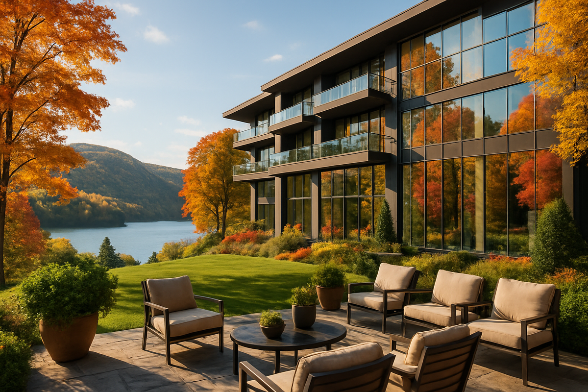 The image showcases a modern building with large glass windows surrounded by vibrant autumn trees and a serene lake.
