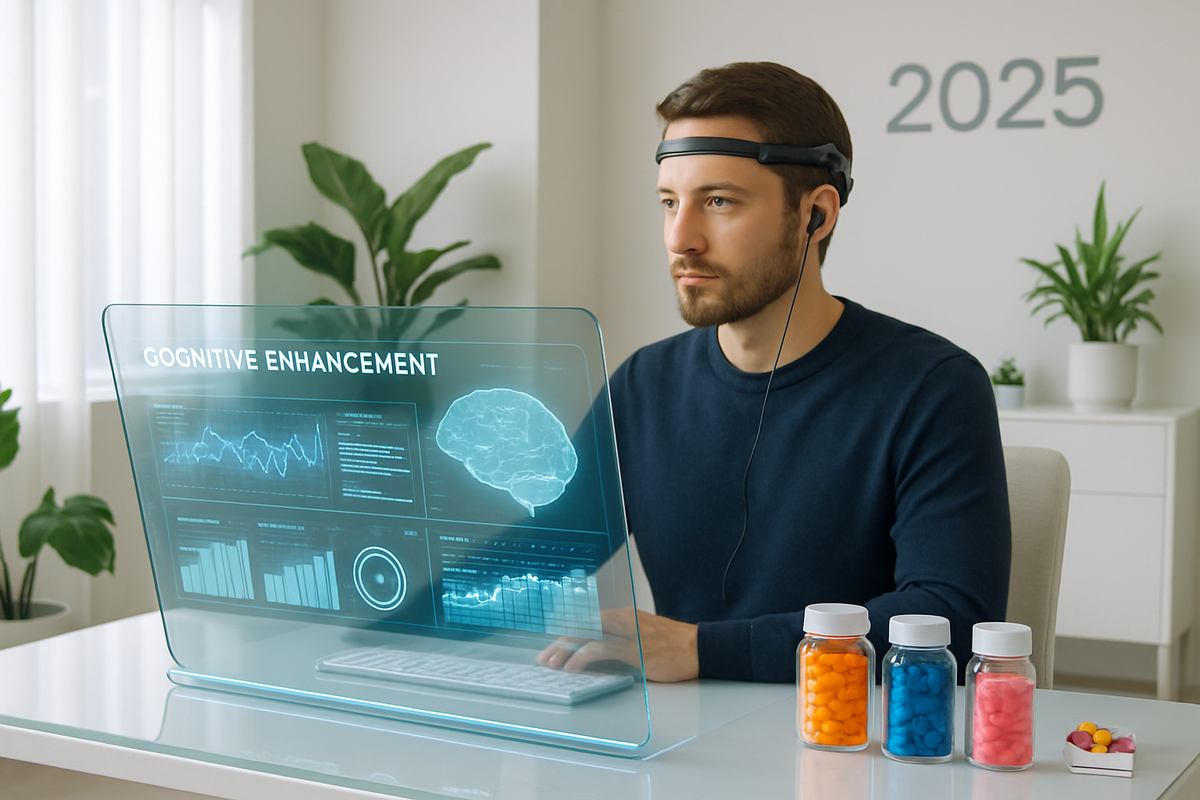 A man wearing a headband and headphones sits at a desk with a transparent screen displaying data on cognitive enhancement, alongside colorful jars of pills in a modern setting.