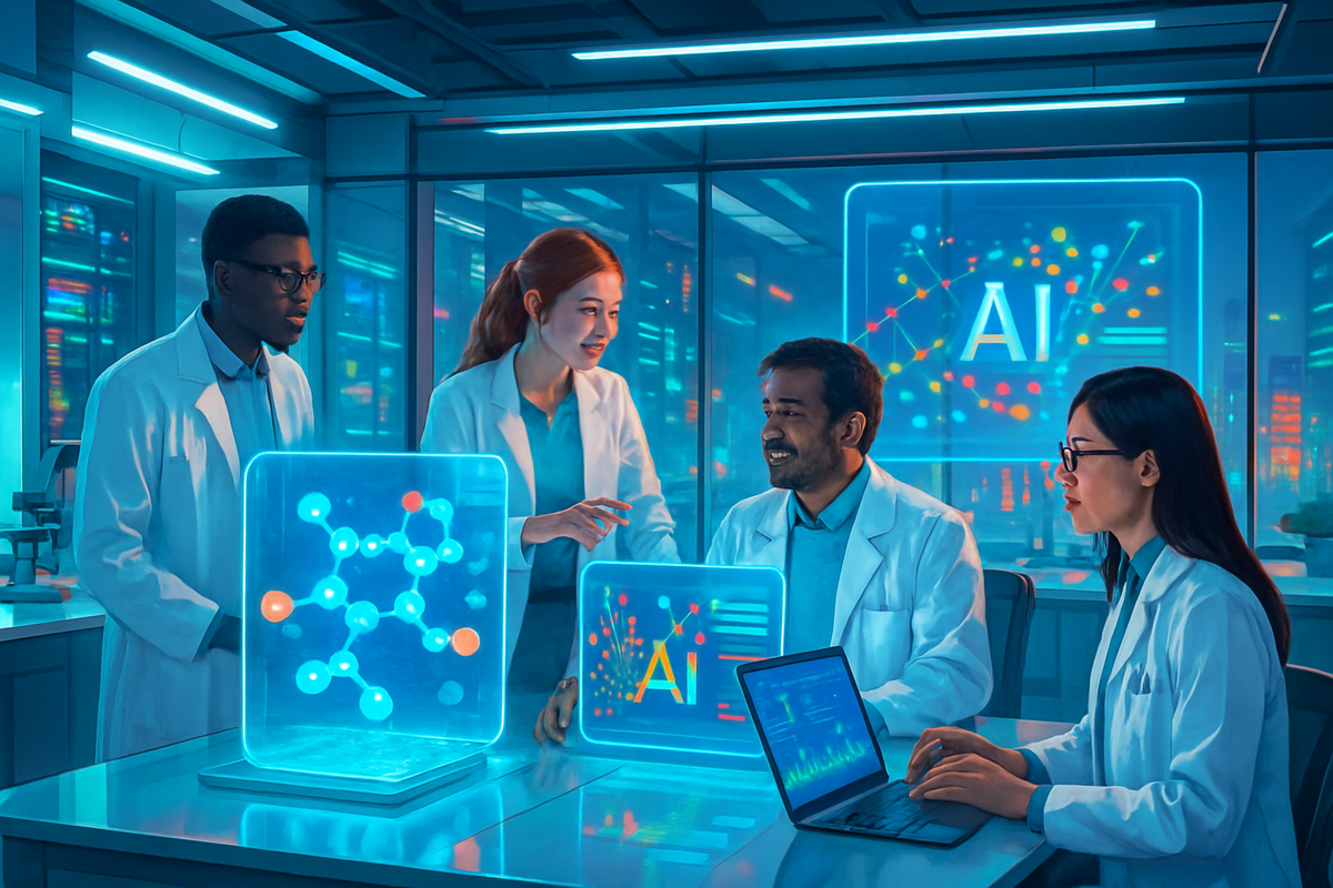 A diverse group of scientists in lab coats collaborate on AI and molecular research in a high-tech laboratory setting.