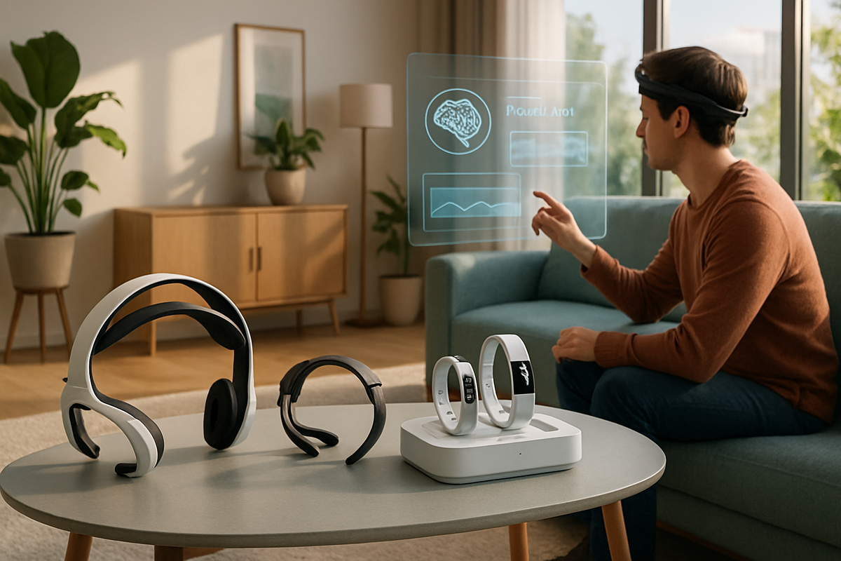 The image shows a man interacting with a virtual display while seated near various high-tech headsets and devices in a modern living space.