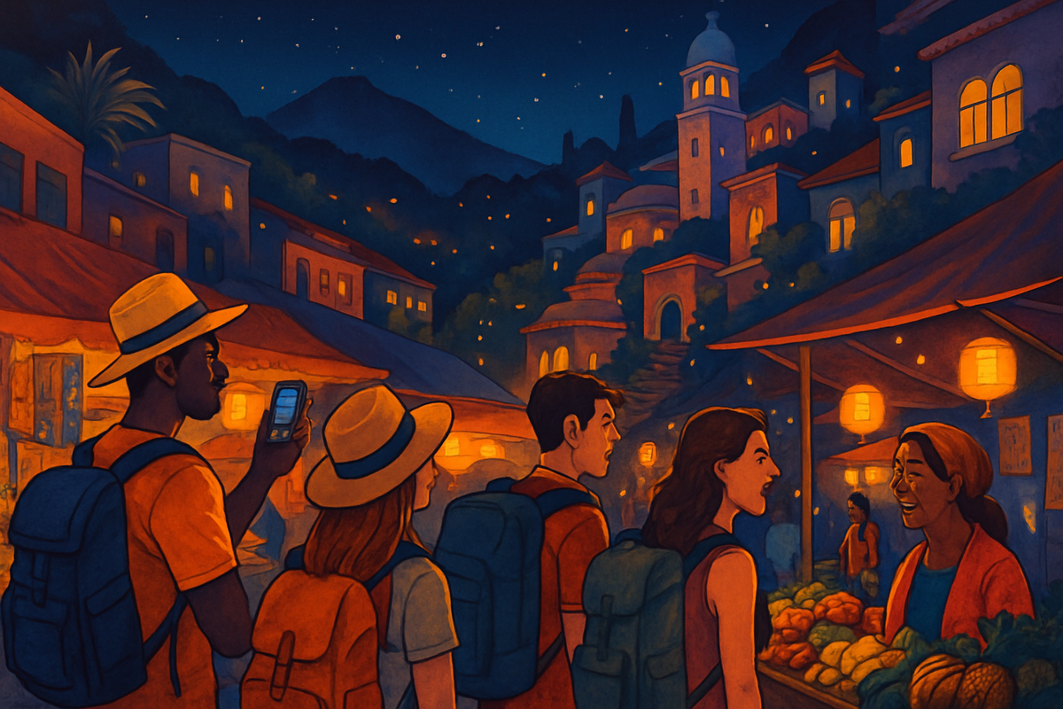 The image shows a vibrant nighttime market scene with tourists interacting with a local vendor amidst colorful buildings and twinkling lights.