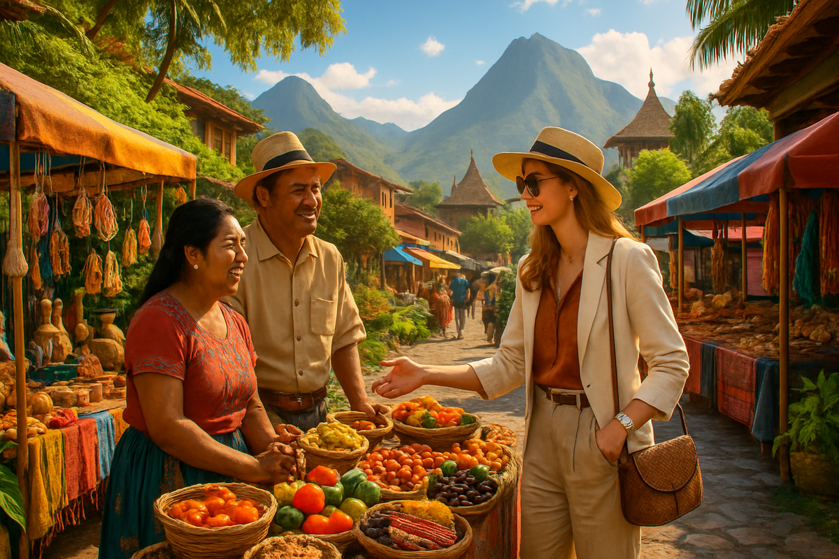 A vibrant market scene with a woman in a hat interacting joyfully with two local vendors amidst colorful fruits and mountains in the background.