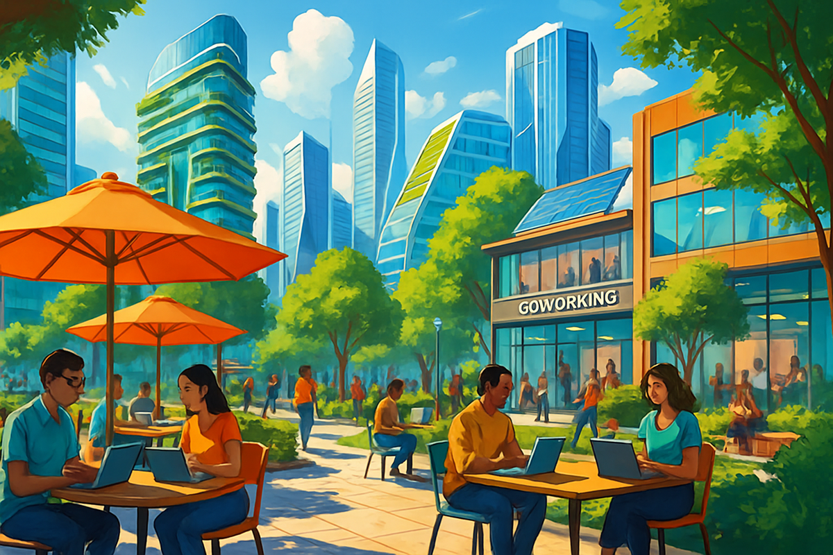 The image depicts a modern outdoor workspace with people using laptops, surrounded by greenery and contemporary skyscrapers under a bright blue sky.