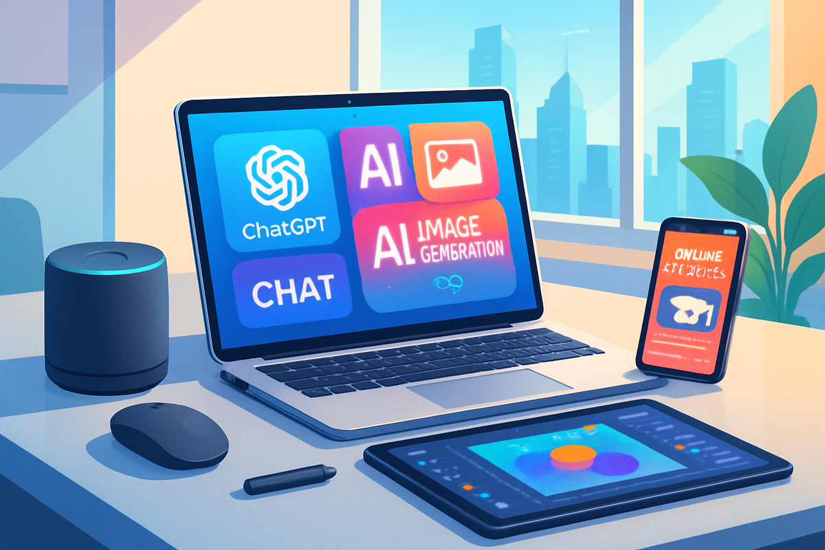 The image depicts a modern workspace with a laptop displaying AI-related applications, a smartphone, a wireless speaker, and a graphics tablet, all set against a cityscape backdrop.