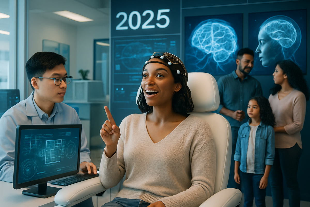 A woman with a brainwave monitoring device is seated in front of a computer, smiling and gesturing while a group of people observes her in a modern, tech-inspired environment.