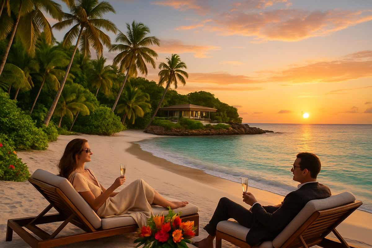 A couple relaxes on beach loungers, enjoying drinks while watching the sunset over the ocean.