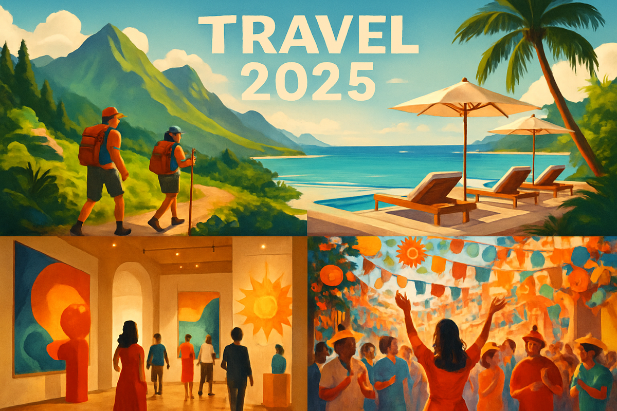 The image features a vibrant collage promoting travel in 2025, highlighting hiking, beach relaxation, art galleries, and festive celebrations.