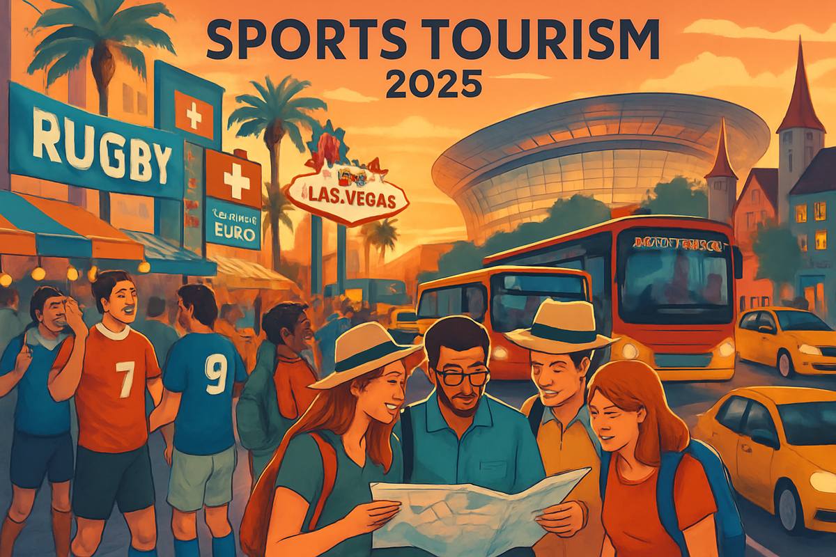 The image depicts a vibrant scene of sports tourism in 2025, featuring diverse people engaged in conversation and navigating a lively urban setting with signs for rugby and Las Vegas.