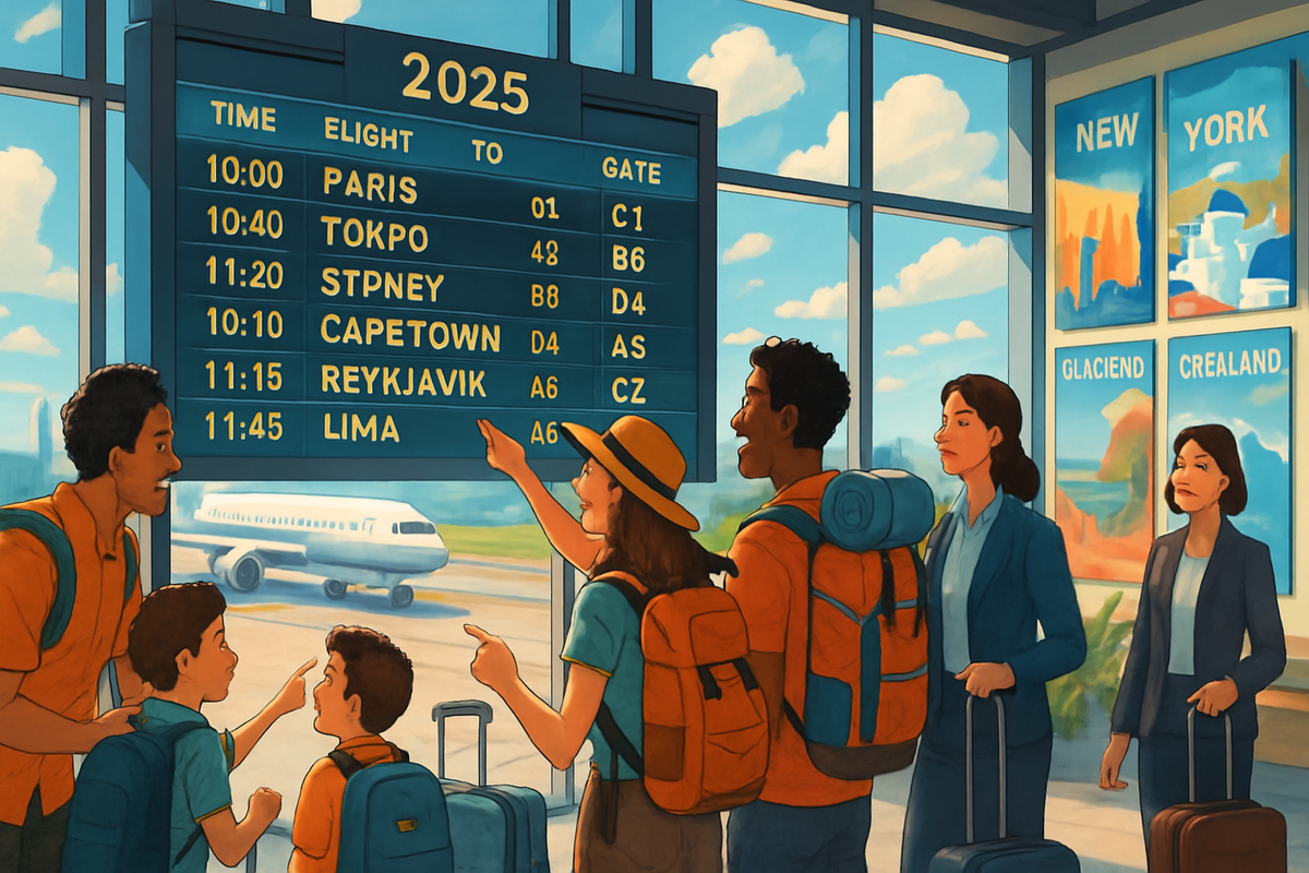 A group of travelers is excitedly checking a flight information board displaying destinations for the year 2025 at an airport.