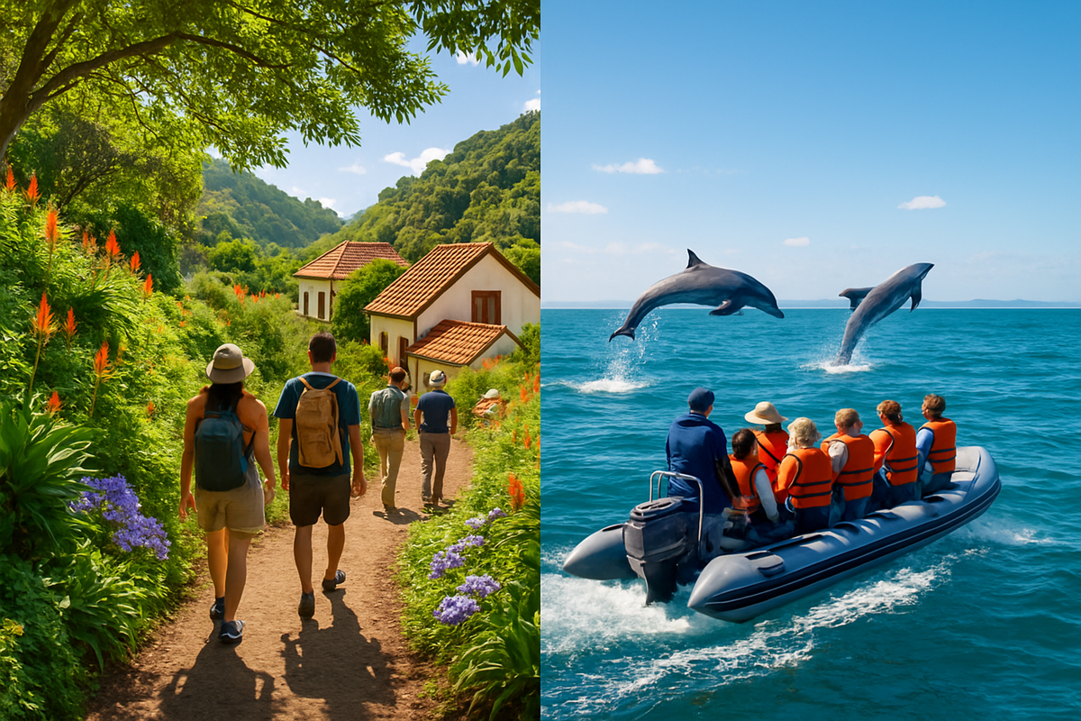 The image juxtaposes a scenic hiking path with travelers next to vibrant flowers on one side and a boat of people watching dolphins leaping out of the water on the other.