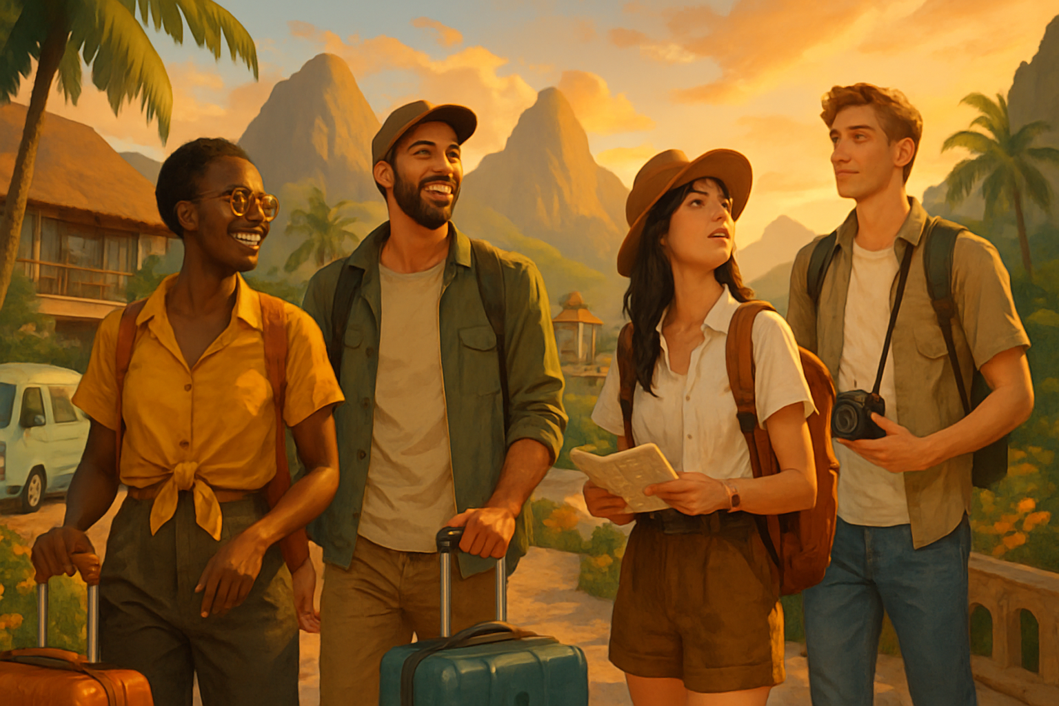 A group of four friends stands in a scenic landscape, looking towards a beautiful sunset, with luggage and a map in hand.