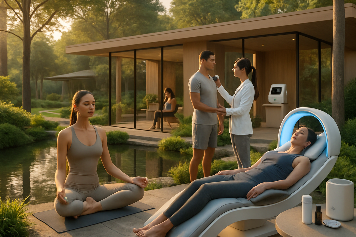 The image depicts a serene outdoor wellness setting with individuals engaged in relaxation activities including yoga and treatment sessions near a modern facility.