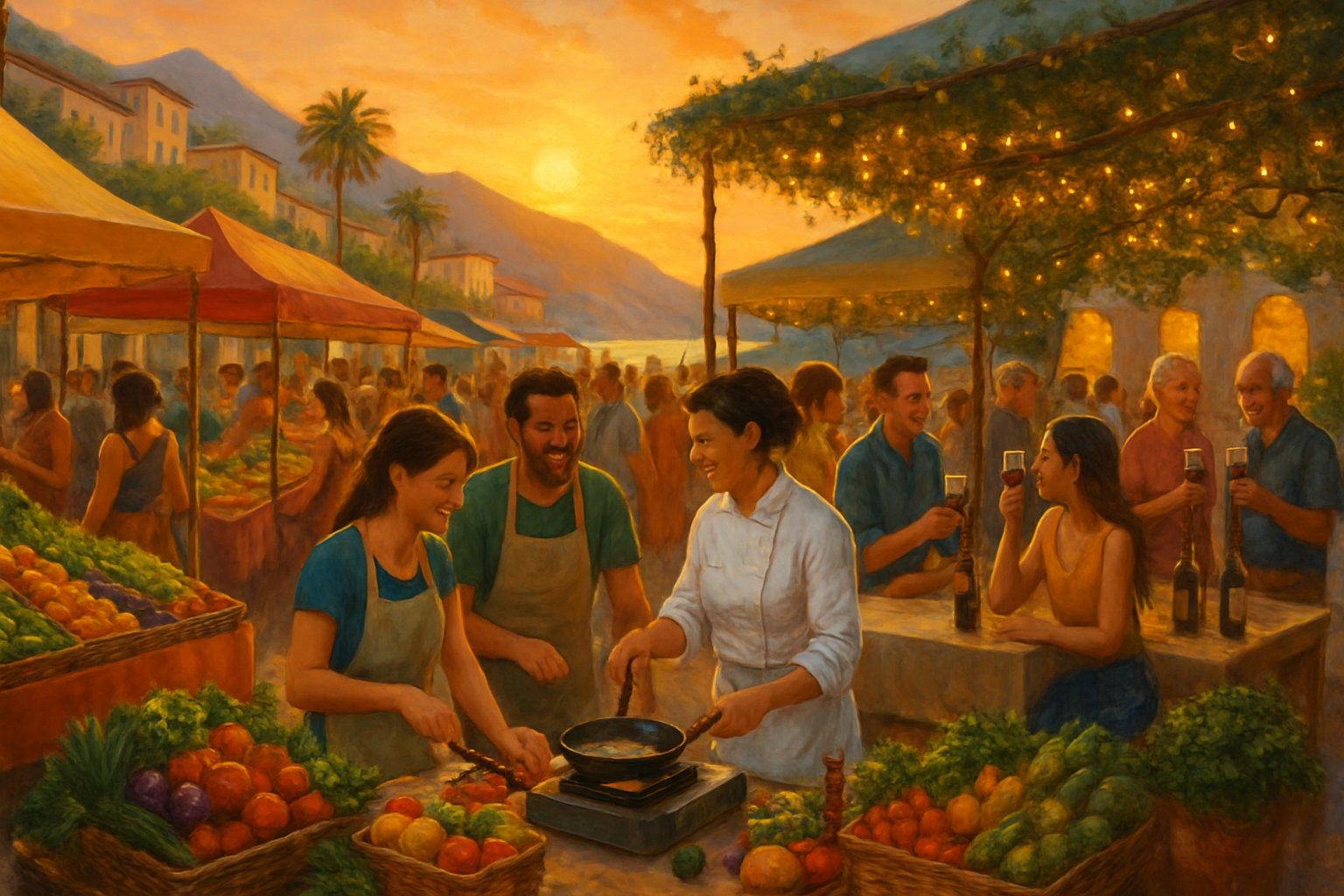 The image depicts a vibrant outdoor market at sunset filled with people enjoying food and conversation while surrounded by colorful produce stalls.