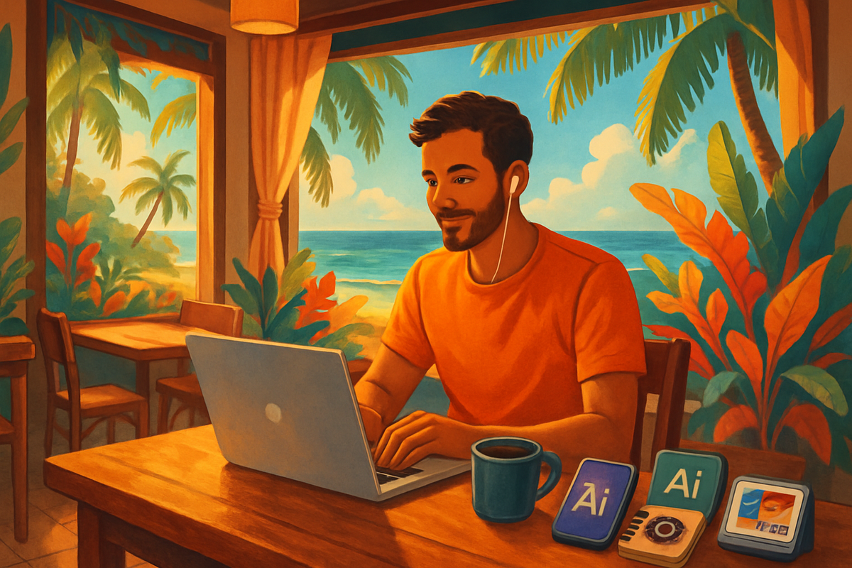 A man in an orange shirt works on a laptop in a tropical café with ocean views surrounded by lush greenery.