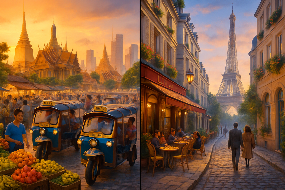 The image juxtaposes a bustling market scene with tuk-tuks in an Asian city against a charming Parisian street with the Eiffel Tower, capturing two distinct cultural atmospheres at sunset.