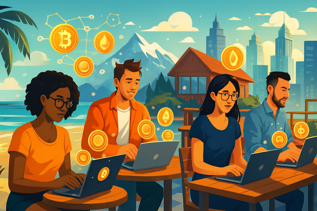 A group of four people working on laptops outdoors by the beach, with cryptocurrency symbols floating around them.