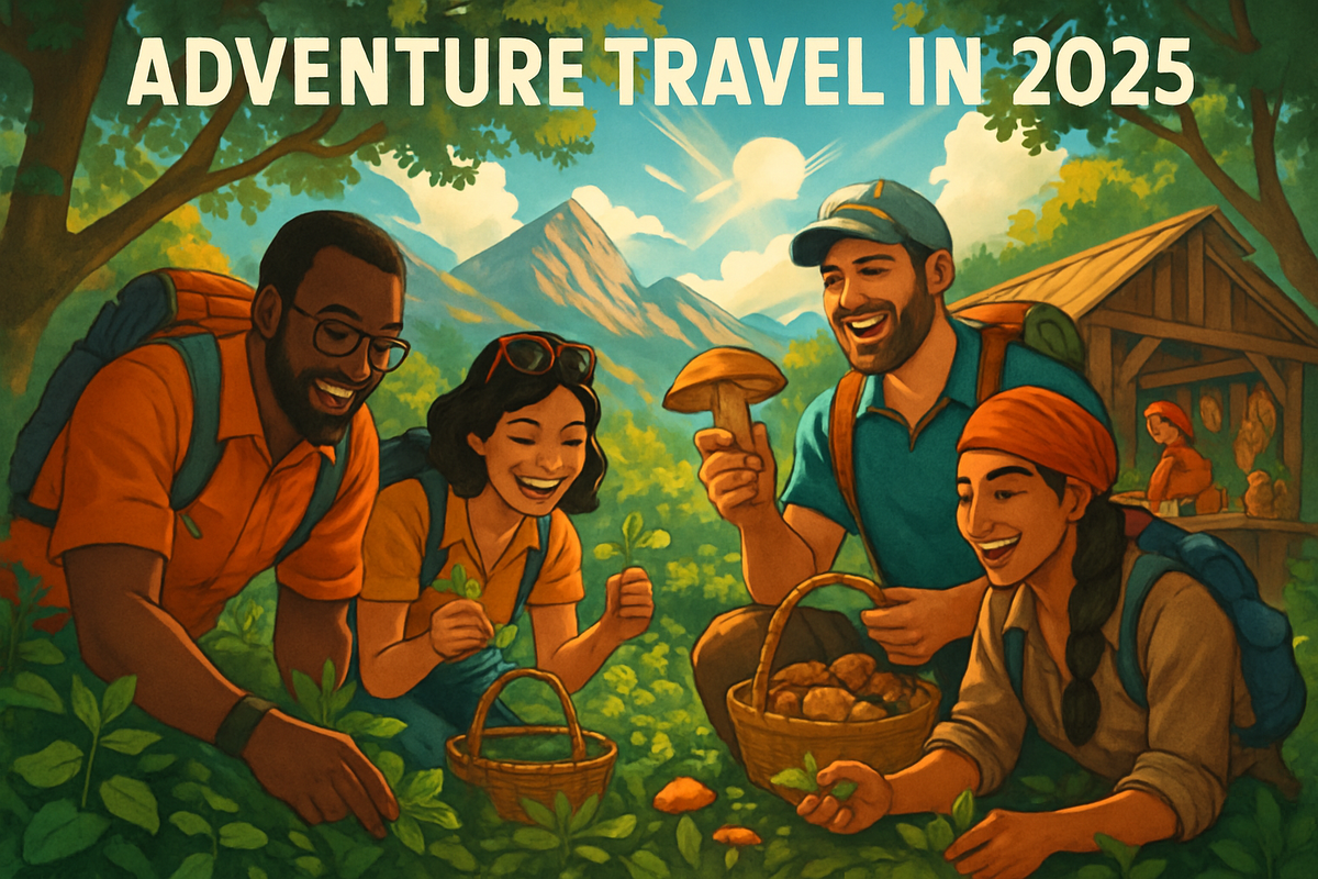 A group of four diverse friends joyfully forages in nature, surrounded by mountains and greenery, showcasing adventure travel in 2025.