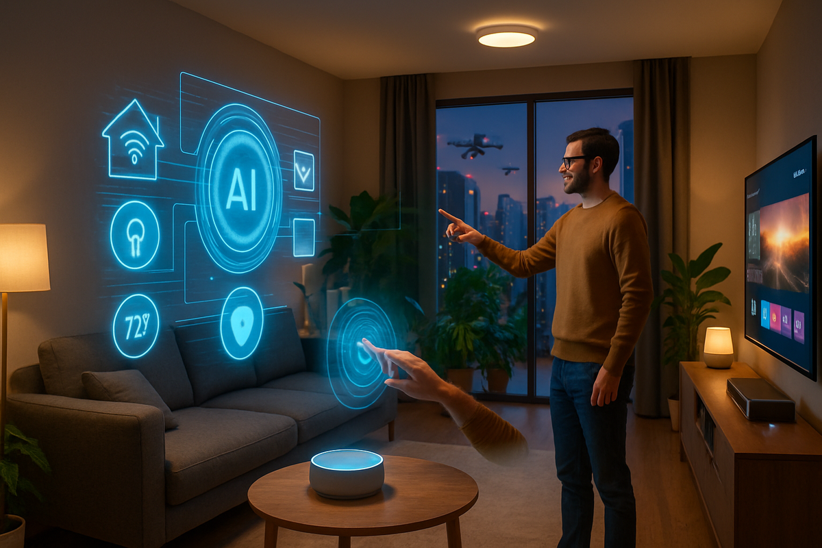 A man interacts with a holographic AI interface in a modern living room, showcasing smart home features.