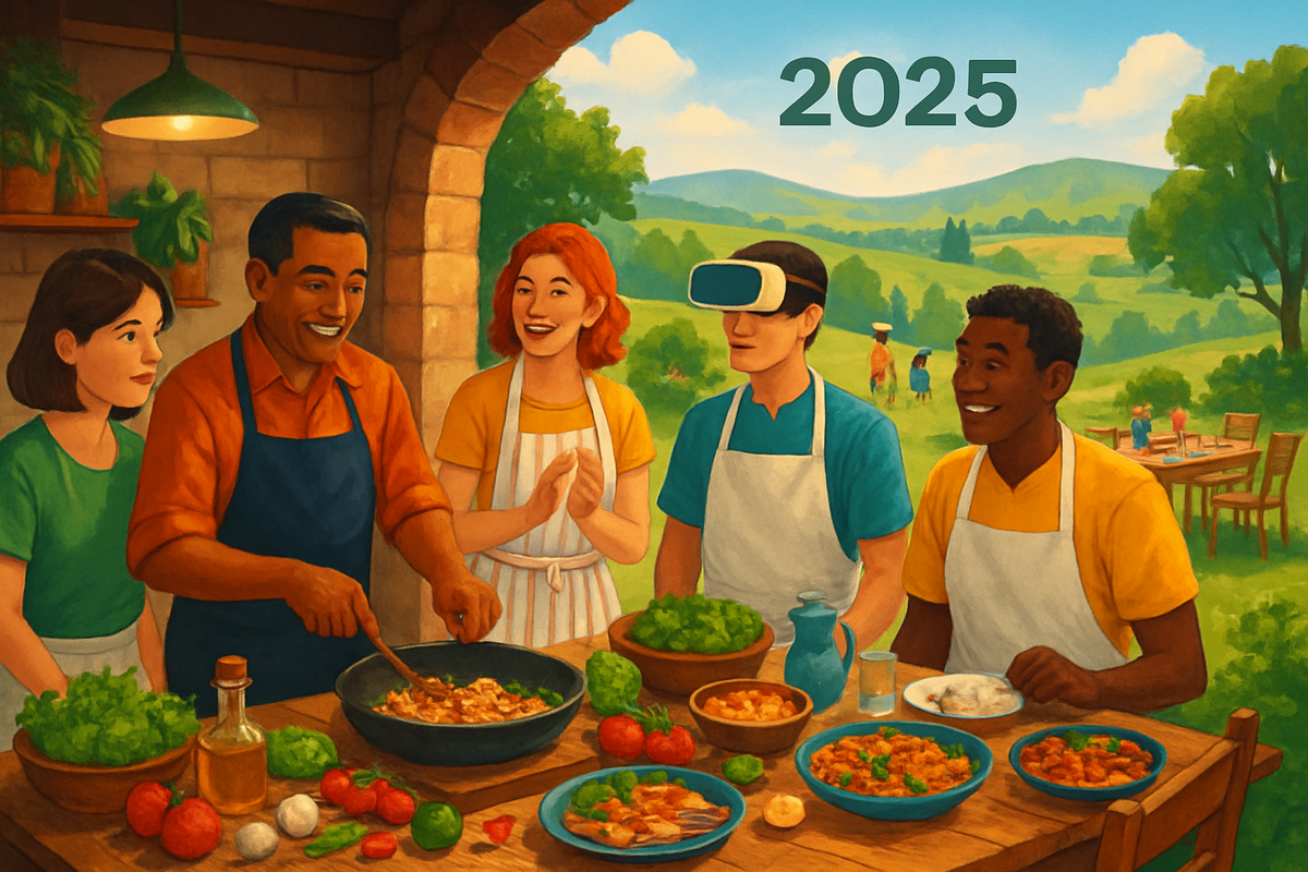 The image shows a diverse group of people happily cooking and enjoying a meal together in a picturesque outdoor setting with mountains in the background, labeled "2025."