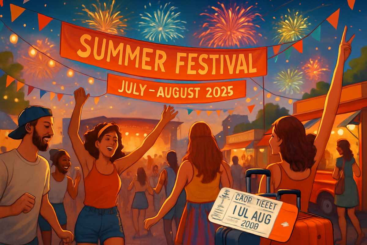 The image depicts a vibrant summer festival scene with people celebrating joyfully under colorful banners and fireworks in the background.