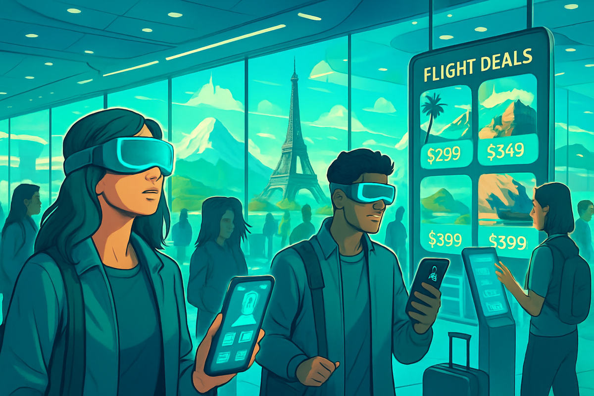 The image features travelers in an airport with virtual reality headsets, looking at flight deals displayed on a screen, with iconic landmarks visible through large windows.