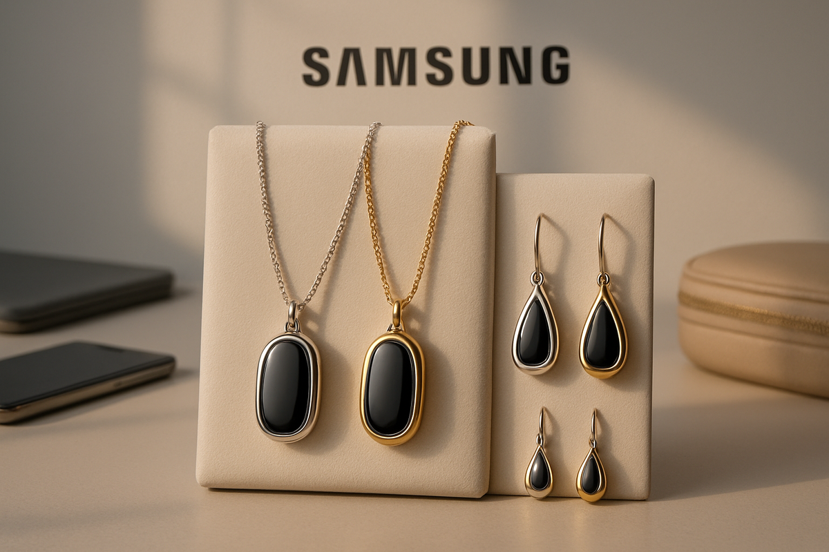 The image showcases an elegant display of black stone jewelry, including two necklaces and pairs of earrings, with a Samsung logo in the background.