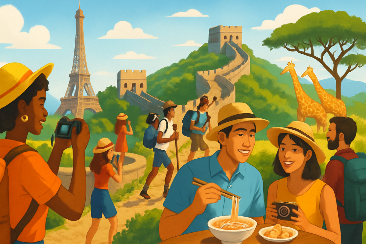 The image depicts a vibrant travel scene featuring diverse tourists enjoying iconic landmarks, local cuisine, and each other's company amidst a picturesque landscape.