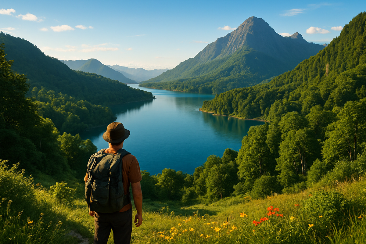 A lone hiker stands on a hillside overlooking a serene lake surrounded by lush mountains and trees under a clear blue sky.