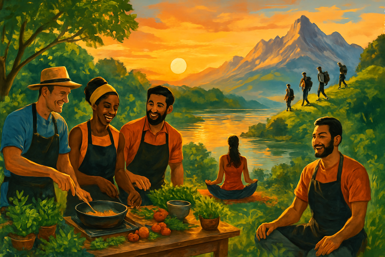 The image depicts a vibrant scene of four people joyfully cooking outdoors near a river at sunset, with a tranquil mountain backdrop and additional hikers in the distance.
