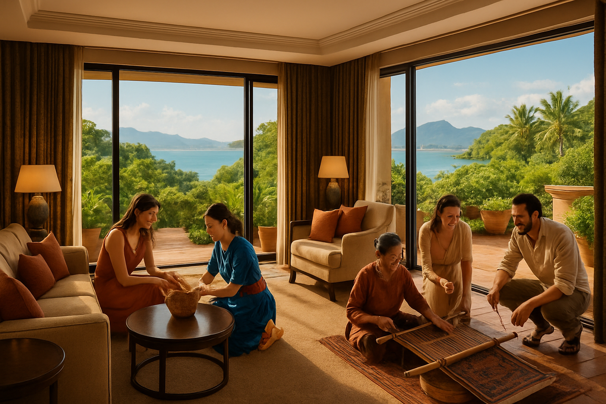 The image depicts a serene indoor setting with four individuals engaged in creative activities while enjoying a scenic view of greenery and water through large windows.