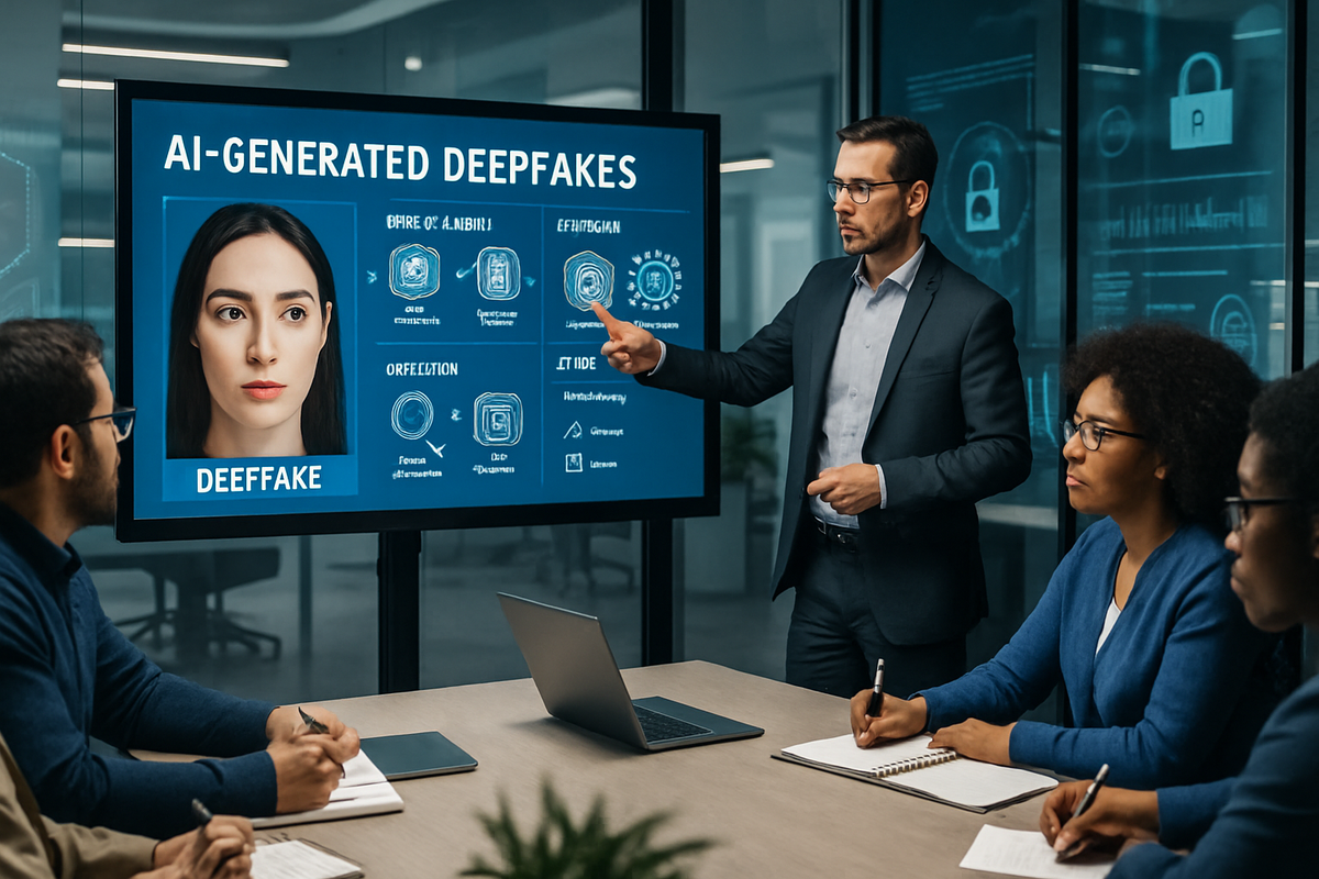 A business meeting is taking place where a presenter discusses AI-generated deepfakes using a digital screen, while attendees take notes.