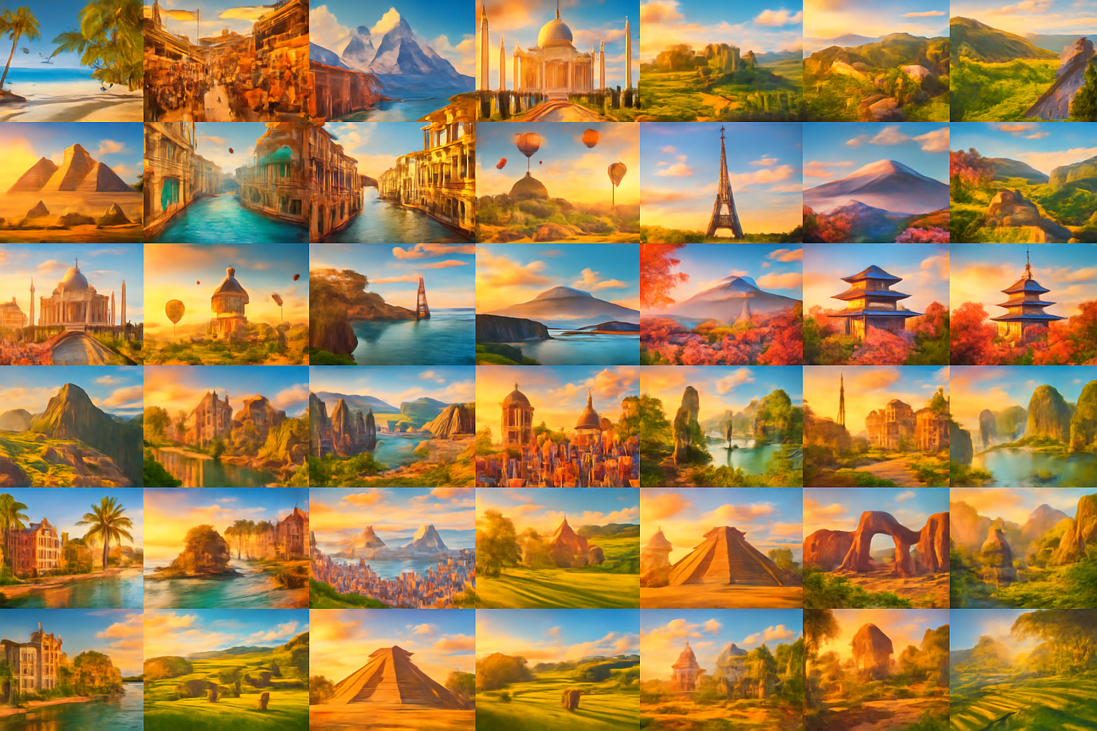 The image is a colorful collage of various famous landmarks and landscapes from around the world, depicted in an artistic and dreamy style.
