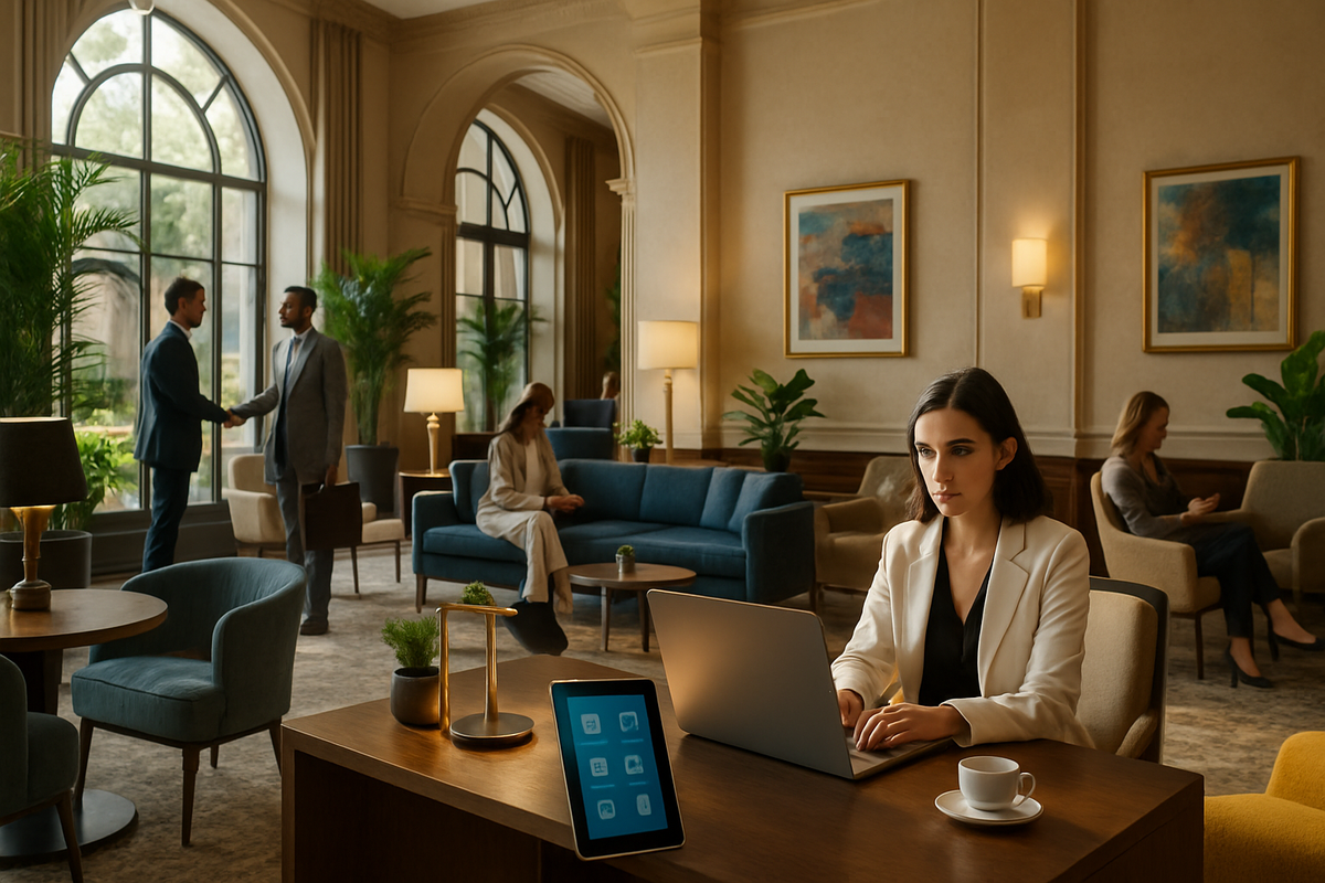 The image depicts a stylish lounge with a woman focused on her laptop while two men shake hands in the background and others sit nearby.