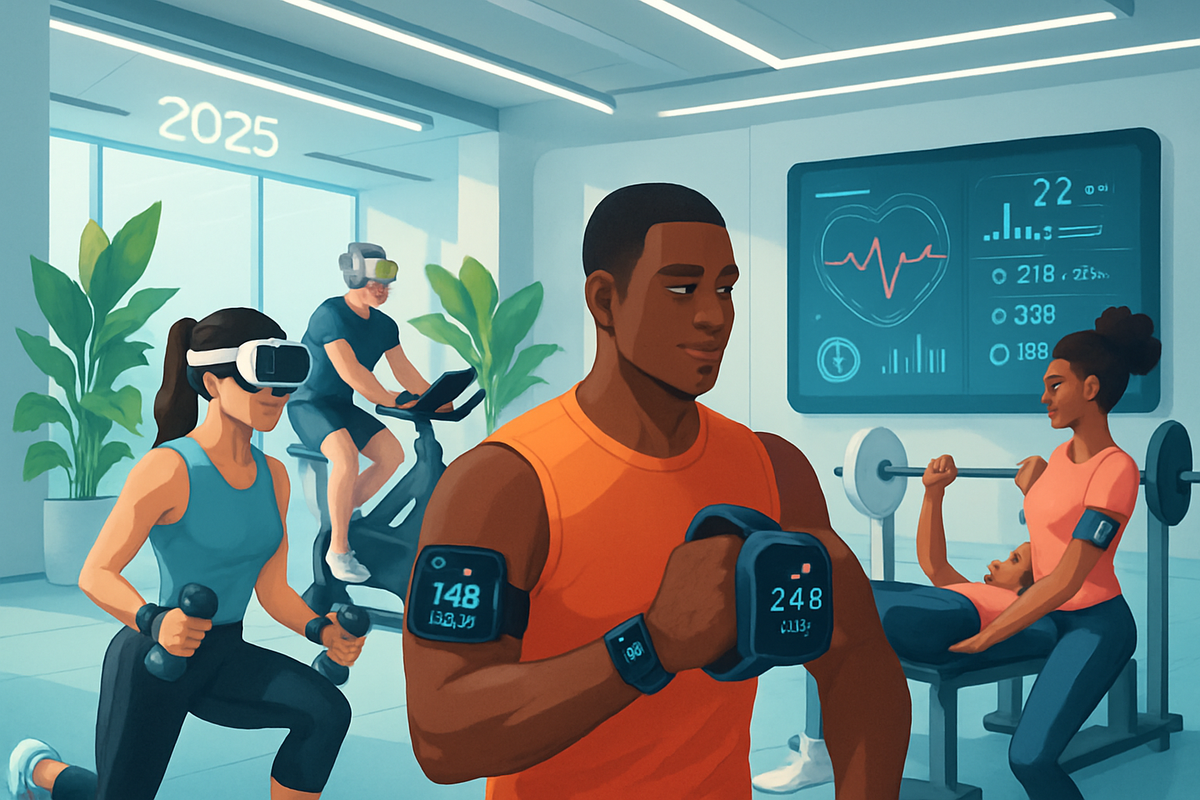 The image depicts a modern gym in 2025 featuring people engaged in various workouts with wearable tech and virtual reality equipment.