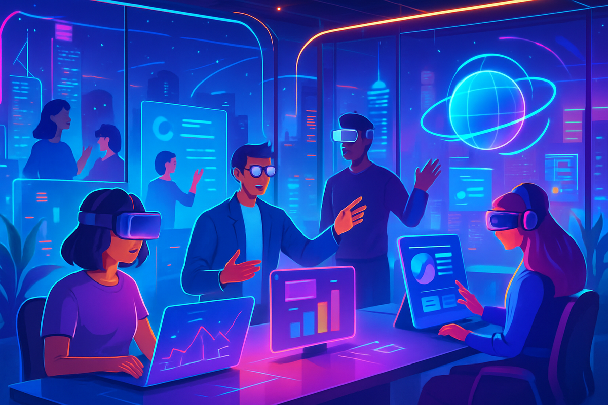 The image depicts a group of people engaged in virtual reality discussions in a futuristic setting with vibrant neon colors.